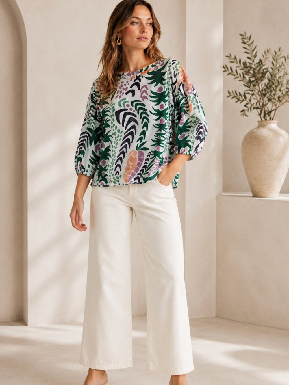 OLIPHANT 100% Cotton Floral Patterned Women's Short Puff Sleeve Top